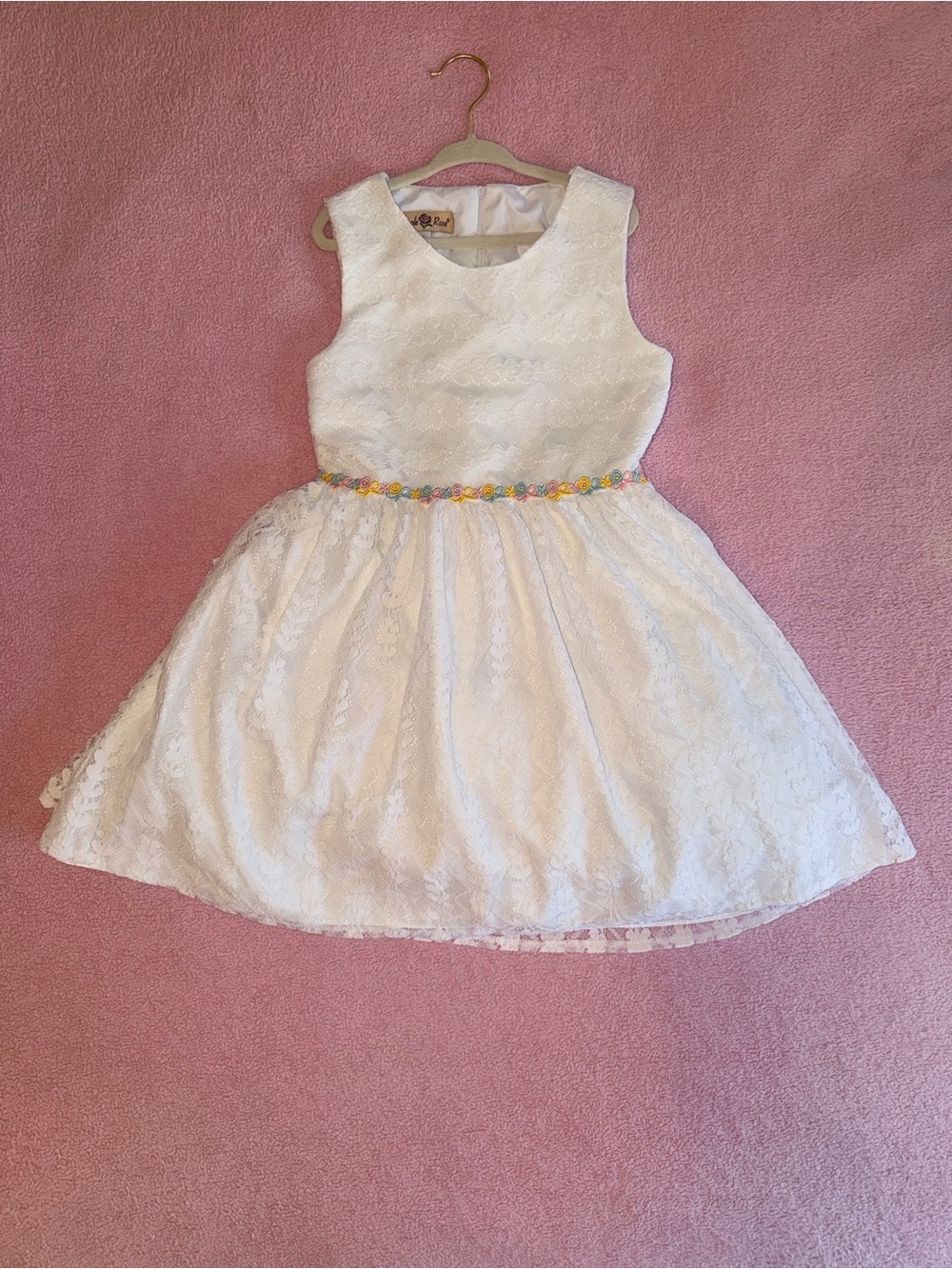 Girls White Lace Party Dress with Pastel Floral Belt